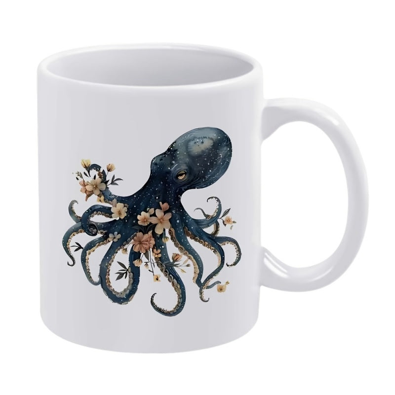 Tailorly White Ceramic 11 oz Mug - Ethereal Dark Blue Cosmic Sea Creature Decorated With Small Delicate Flowers Octopus