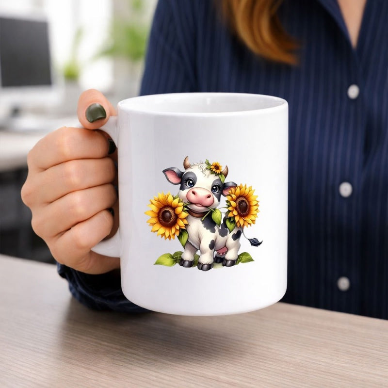 Tailorly White Ceramic 11 oz Mug - Adorable Cartoon Spotted Calf Standing Among Bright Golden Sunflowers And Leaves Cow