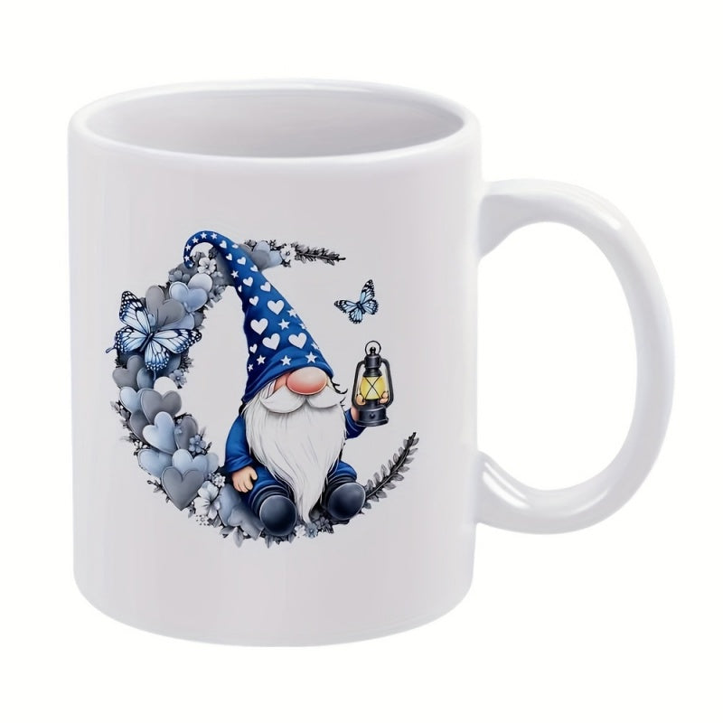 Tailorly White Ceramic 11 oz Mug - Charming Blue Hat Sitting On Heart Crescent Moon Holding Glowing Lantern Gnome