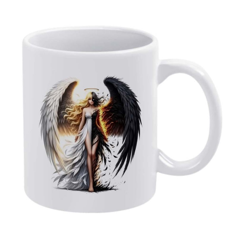 Tailorly White Ceramic 11 oz Mug - Split Celestial Being With Contrast Of White And Black Wings Angel