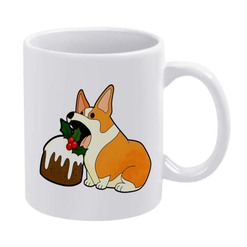 Tailorly White Ceramic 11 oz Mug - Cute Festive Dog Eating Delicious Christmas Pudding With Holly Leaves Corgi