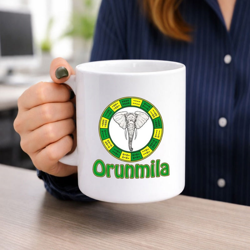 Tailorly White Ceramic 11 oz Mug - Orunmila Majestic African Elephant Head Enclosed Within A Vibrant Green And Yellow Circular Pattern Elephant