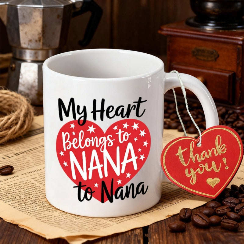 Tailorly White Ceramic 11 oz Mug - My Heart Belongs To Nana Decorative Red Pattern With Tiny White Stars And Script Calligraphy Heart