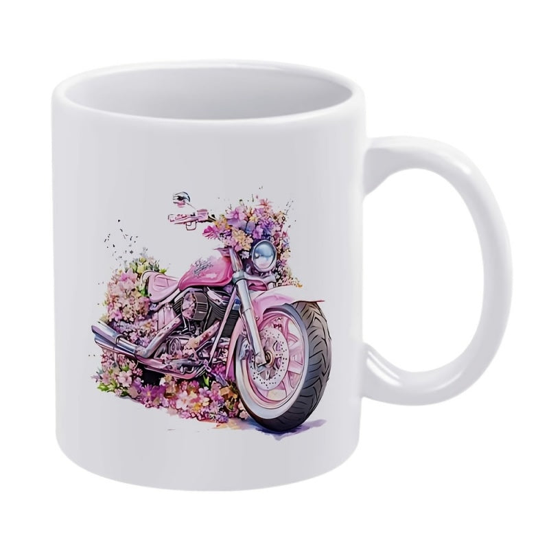 Tailorly White Ceramic 11 oz Mug - Vintage Pink Cruiser Surrounded By Beautiful Blooming Colorful Spring Flowers Motorcycle