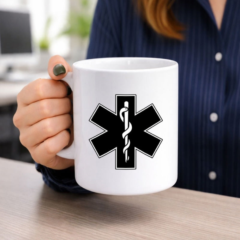 Tailorly White Ceramic 11 oz Mug - Bold Black Emergency Medical Services Icon Featuring Serpent And Rod Symbol