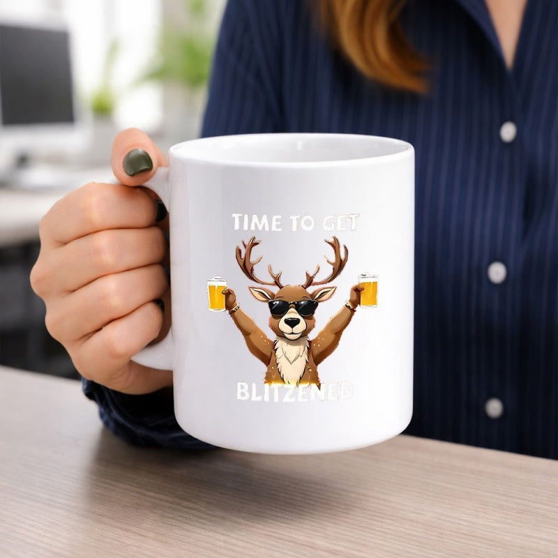 Tailorly White Ceramic 11 oz Mug - Time To Get Blitzened Festive Cartoon Reindeer Wearing Sunglasses Holding Two Foamy Beer Mugs Reindeer