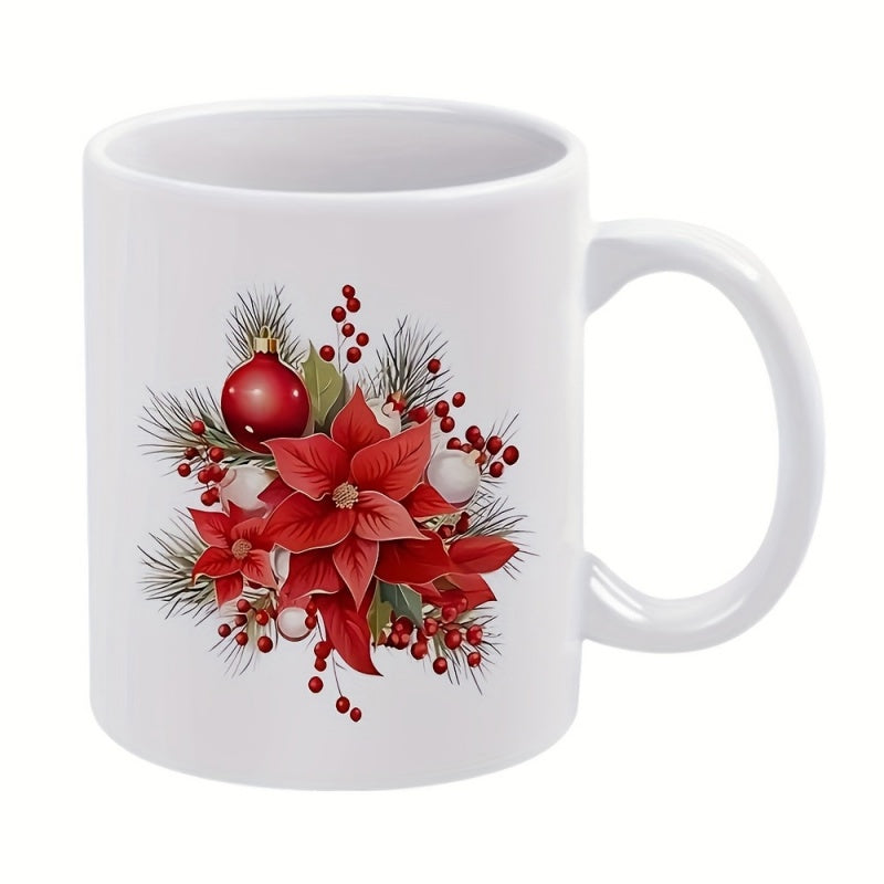 Tailorly White Ceramic 11 oz Mug - Festive Winter Floral Arrangement With Pine Needles Berries And Ornament Poinsettia