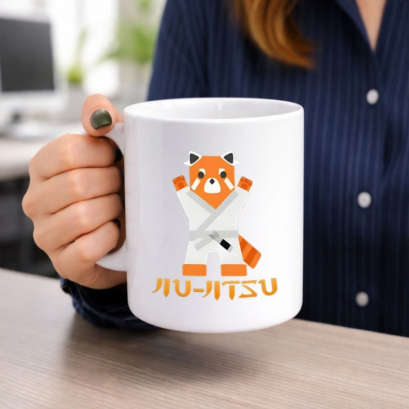 Tailorly White Ceramic 11 oz Mug - Jiu Jitsu Cute Red Panda Wearing White Martial Arts Gi In Combat Stance Red Panda