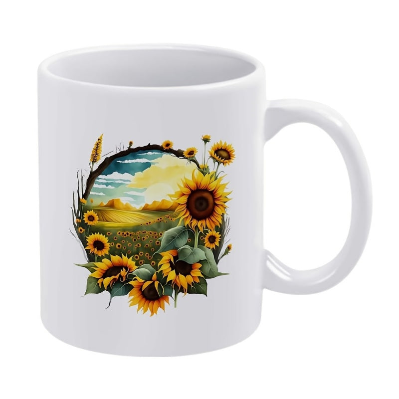 Tailorly White Ceramic 11 oz Mug - Vibrant Golden Landscape Surrounded By Blooming Sunflowers And Lush Greenery Sunflower