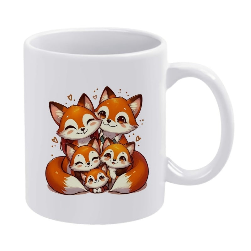 Tailorly White Ceramic 11 oz Mug - Adorable Cartoon Family Of Five Cuddling Together In Warm Orange Tones Fox