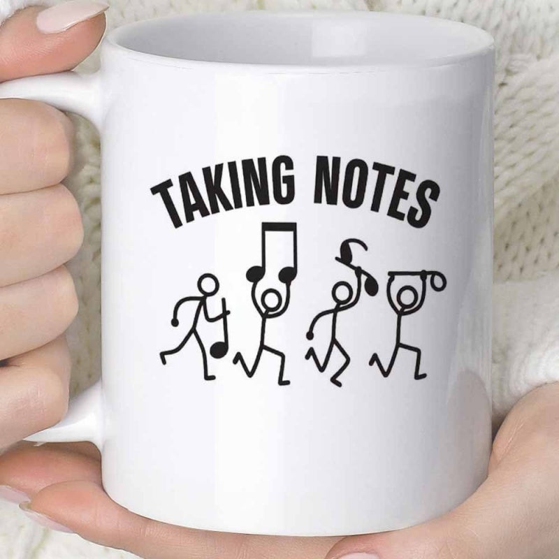 Tailorly White Ceramic 11 oz Mug - Taking Notes Simple Black Line Figures Carrying Large Musical Notes Stickman