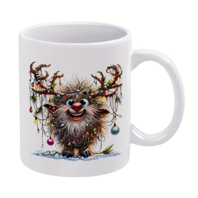 Tailorly White Ceramic 11 oz Mug - Whimsical Fluffy Creature With Antlers Decorated By Festive Glowing Holiday Ornaments Reindeer