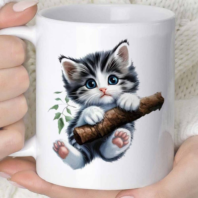 Tailorly White Ceramic 11 oz Mug - Adorable Fluffy Kitten Holding A Branch With Small Green Leaves Kitten