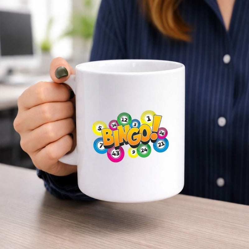 Tailorly White Ceramic 11 oz Mug - Bingo Vibrant Colorful Numbered Balls Surrounded By A Festive Playful Atmosphere Mug