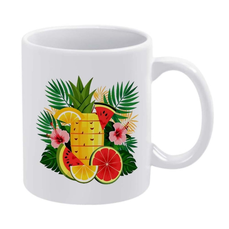 Tailorly White Ceramic 11 oz Mug - Vibrant Tropical Fruits With Lush Green Leaves And Hibiscus Flowers Pineapple