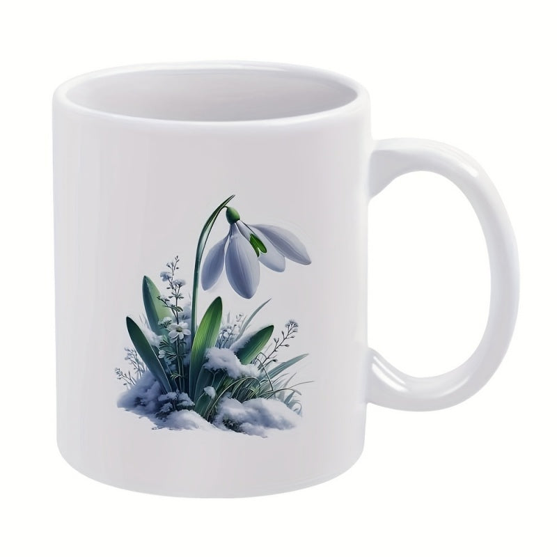 Tailorly White Ceramic 11 oz Mug - Elegant White Petals Blooming Through Delicate Snow Among Green Leaves Snowdrop