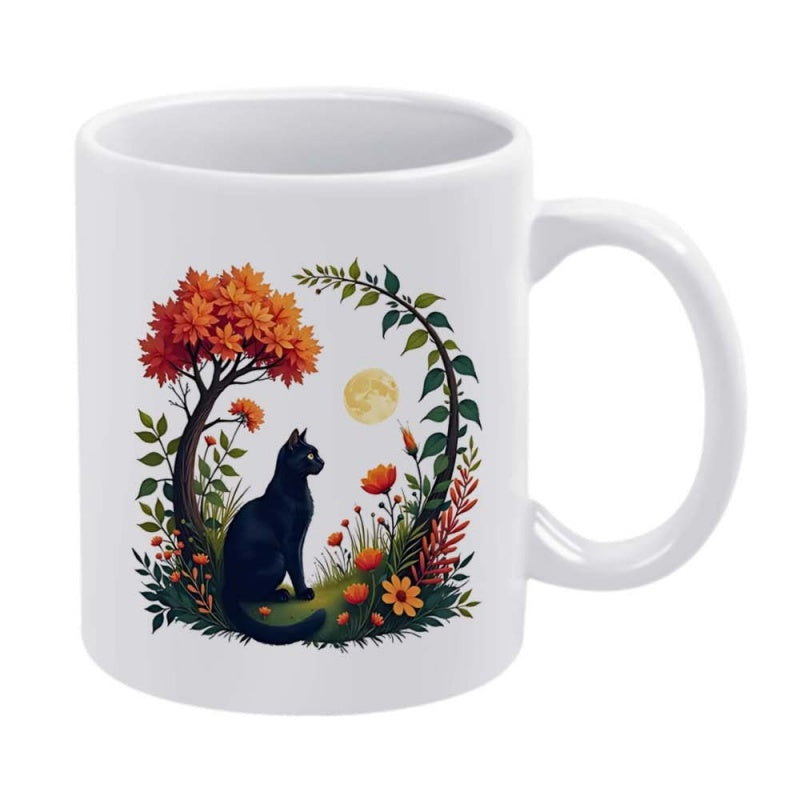 Tailorly White Ceramic 11 oz Mug - Enchanting Night Garden With Vibrant Orange Tree And Glowing Moon Cat
