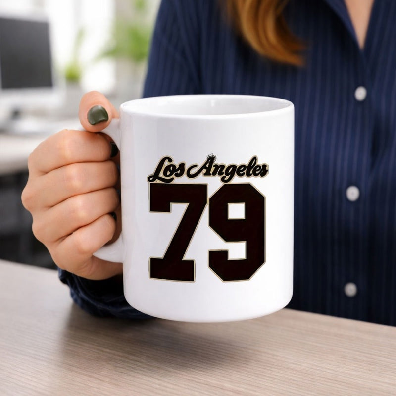 Tailorly White Ceramic 11 oz Mug - Los Angeles 79 Minimalist White Ceramic Vessel With Retro Collegiate Typography Mug