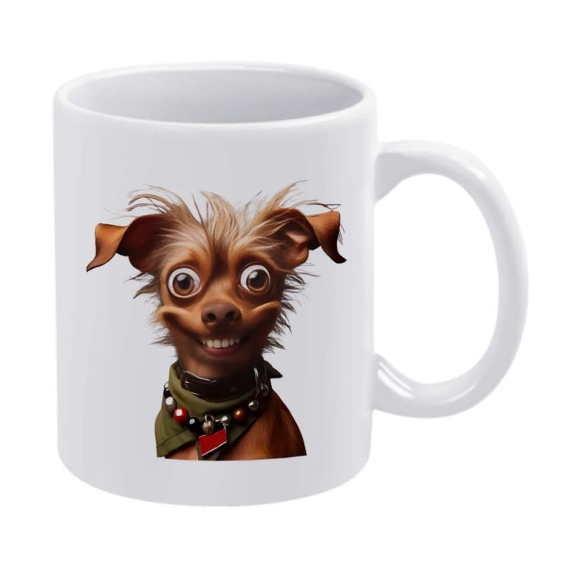Tailorly White Ceramic 11 oz Mug - Scruffy Brown Canine With Large Bulging Eyes Wearing Studded Green Bandana Dog