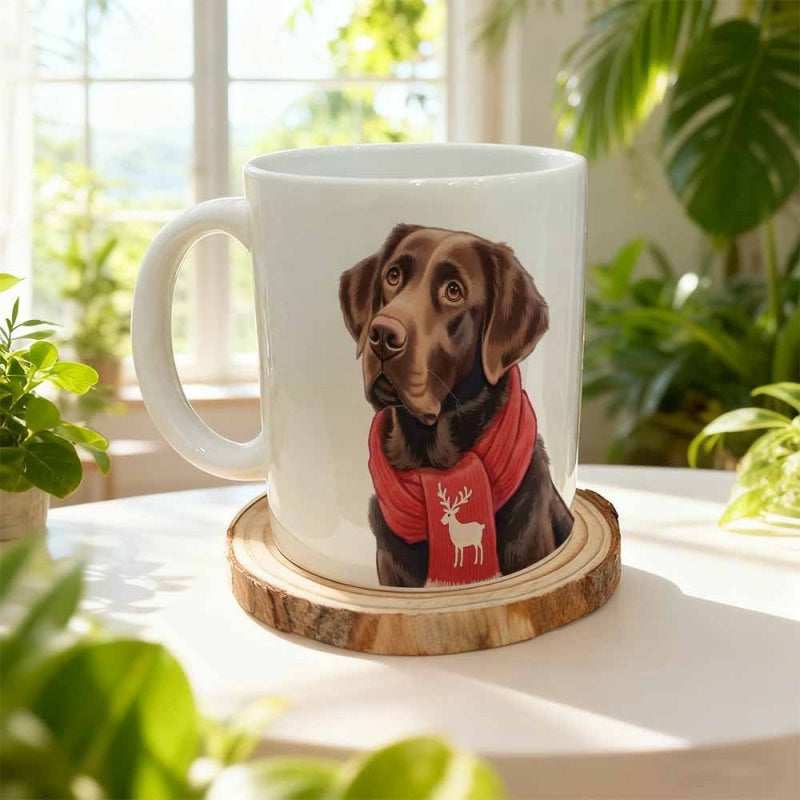 Tailorly White Ceramic 11 oz Mug - Cozy Chocolate Brown Labrador Wearing A Festive Red Reindeer Scarf Dog