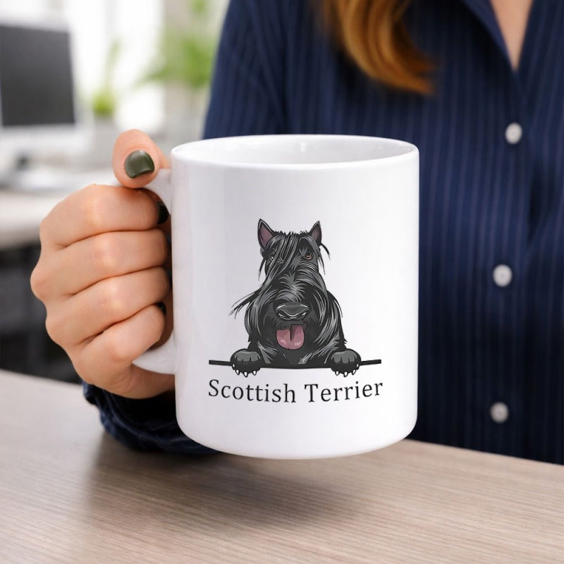 Tailorly White Ceramic 11 oz Mug - Scottish Terrier Peeking With Tiny Paws Resting On A Thin Horizontal Line Scottish Terrier