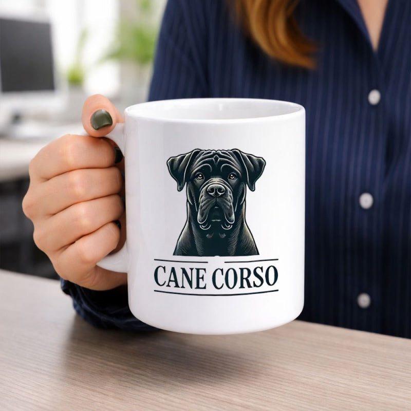 Tailorly White Ceramic 11 oz Mug - Cane Corso Detailed Majestic Portrait Featuring A Black Powerful Stoic Looking Guard Dog