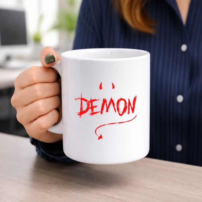 Tailorly White Ceramic 11 oz Mug - Demon Red Distressed Script With Stylized Horns And Pointed Tail Mug