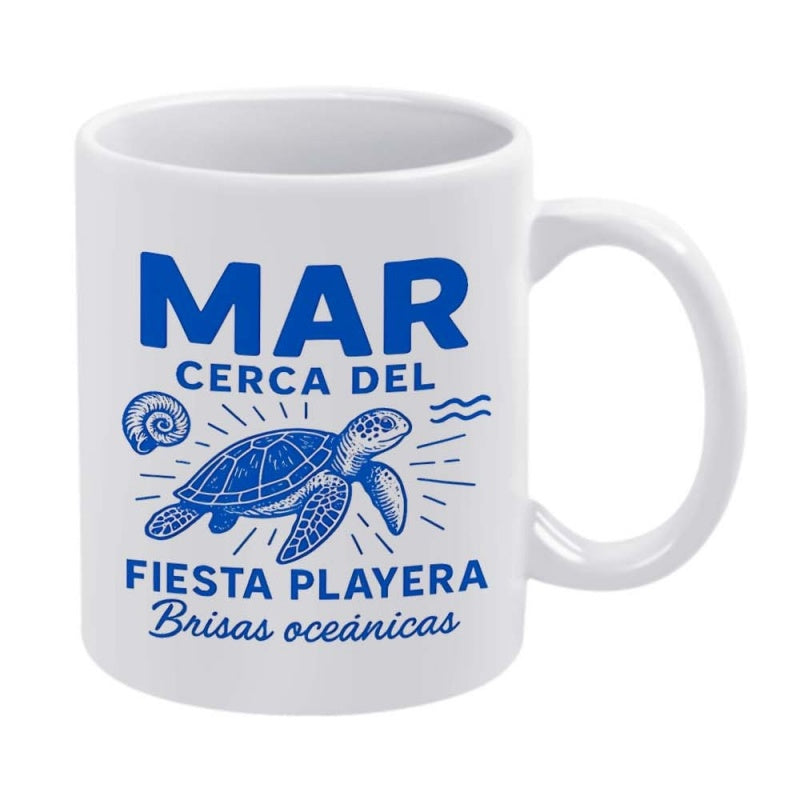 Tailorly White Ceramic 11 oz Mug - Graceful Blue Line Art Swimming Through Deep Coastal Ocean Waters Turtle
