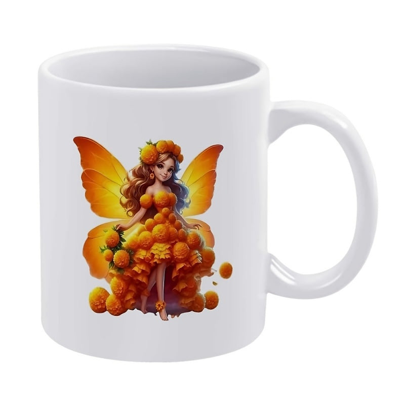 Tailorly White Ceramic 11 oz Mug - Beautiful Butterfly Girl With Vibrant Orange Wings Wearing Floral Gown Fairy