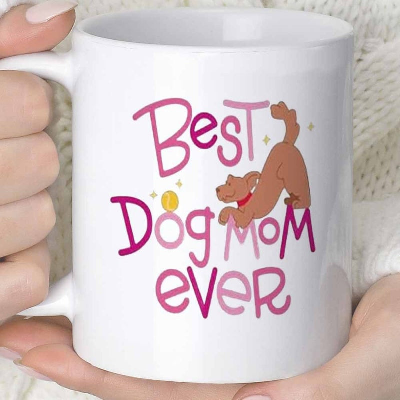 Tailorly White Ceramic 11 oz Mug - Best Dog Mom Ever Playful Brown Puppy Stretching Among Golden Sparkling Decorative Twinkling Stars Dog
