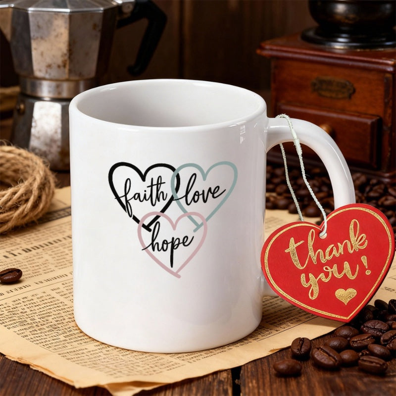 Tailorly White Ceramic 11 oz Mug - Faith Love Hope Three Interlocking Outlined Hearts With Elegant Script Text Printed Design Heart