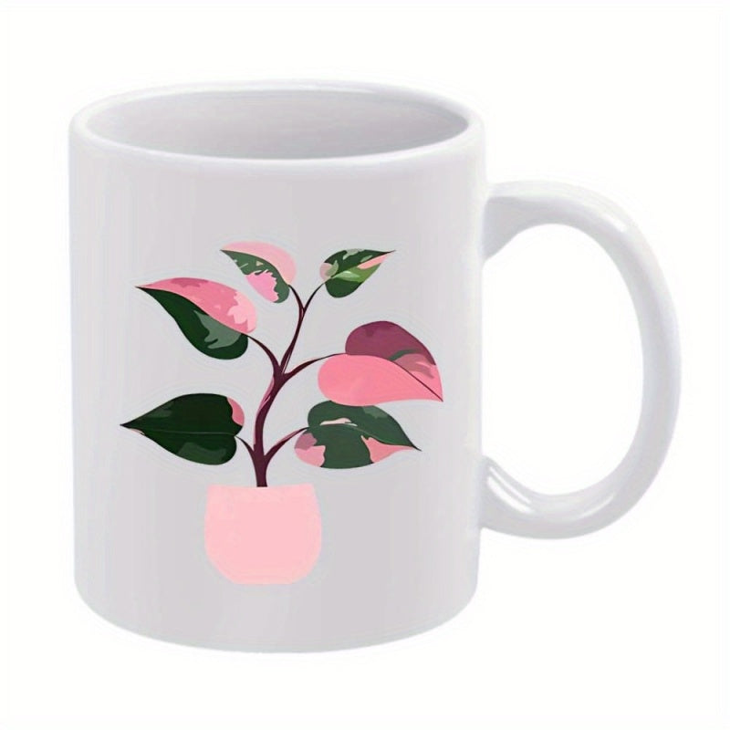 Tailorly White Ceramic 11 oz Mug - Lush Pink And Green Philodendron Leaves In Minimalist Ceramic Pot Plant