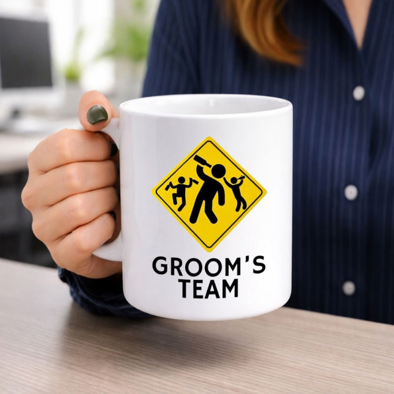 Tailorly White Ceramic 11 oz Mug - Grooms Team Yellow Diamond Warning Sign Style With Partying People Drinking Sign