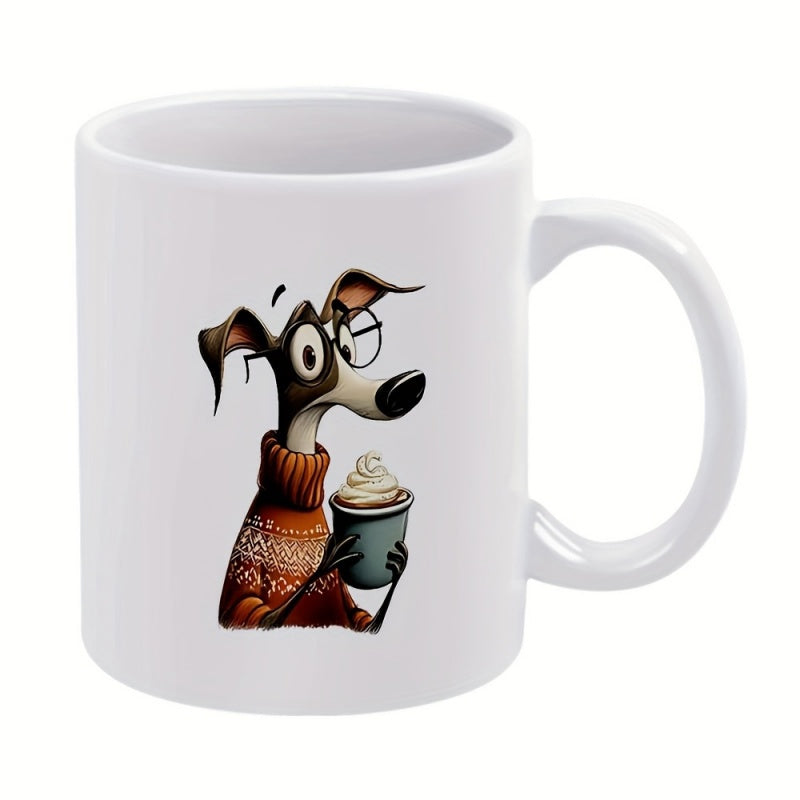 Tailorly White Ceramic 11 oz Mug - Cute Cartoon Greyhound Wearing Warm Sweater Holding A Cup Of Coffee Dog