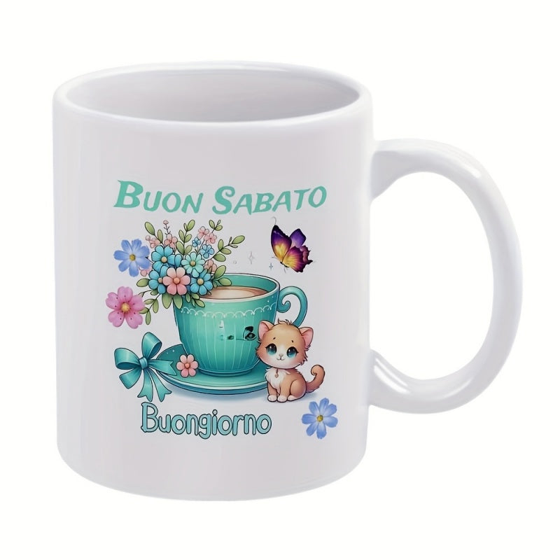 Tailorly White Ceramic 11 oz Mug - Adorable Small Cat Sitting Beside Floral Teacup With Dancing Colorful Butterfly Kitten