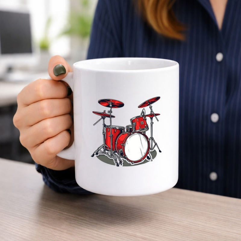Tailorly White Ceramic 11 oz Mug - Vibrant Red Professional Musical Instrument Kit In Dynamic Studio Setting Drum Set