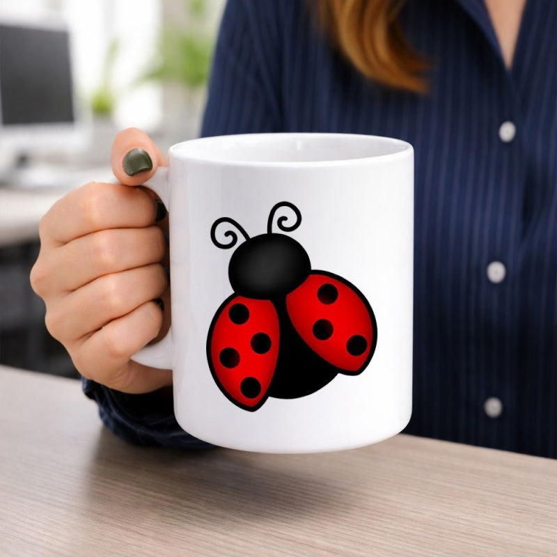 Tailorly White Ceramic 11 oz Mug - Vibrant Red Wings With Black Polka Dots On A Cute Spotted Ladybug