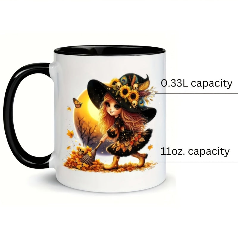 Tailorly Black Accent 11 oz Mug - sunflower design witch and skulls