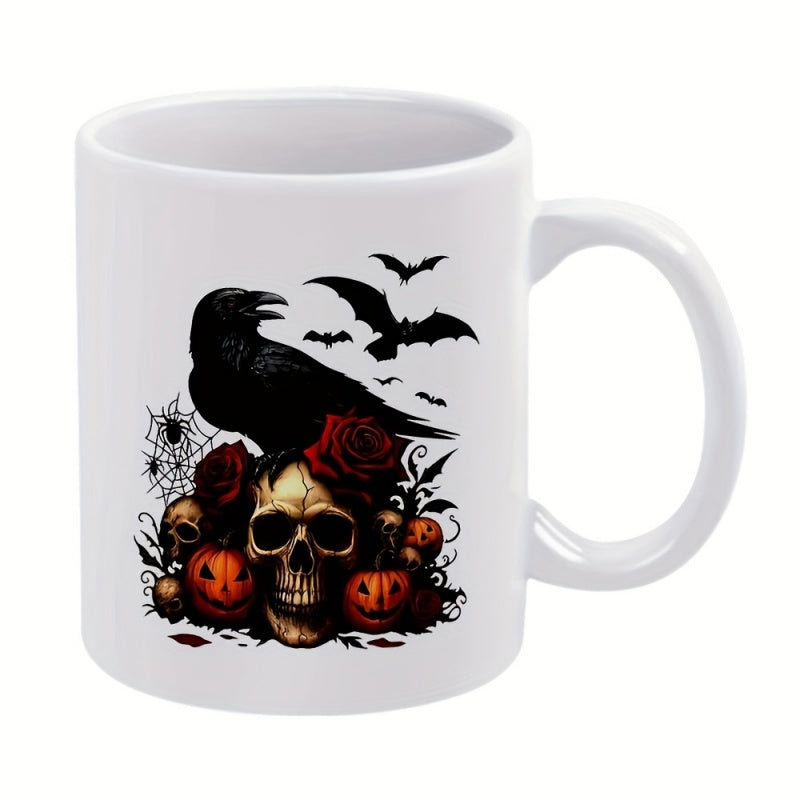 Tailorly White Ceramic 11 oz Mug - Gothic Black Raven Perched Atop Eerie Halloween Scene With Carved Pumpkins Skull