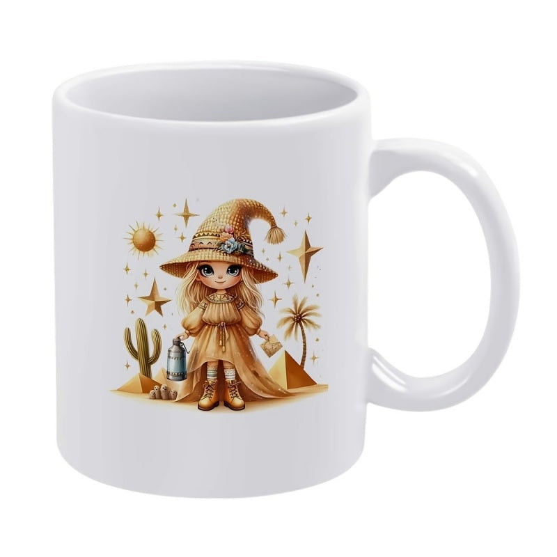 Tailorly White Ceramic 11 oz Mug - Cute Little Girl Exploring Desert Sands Among Pyramids And Golden Stars Witch