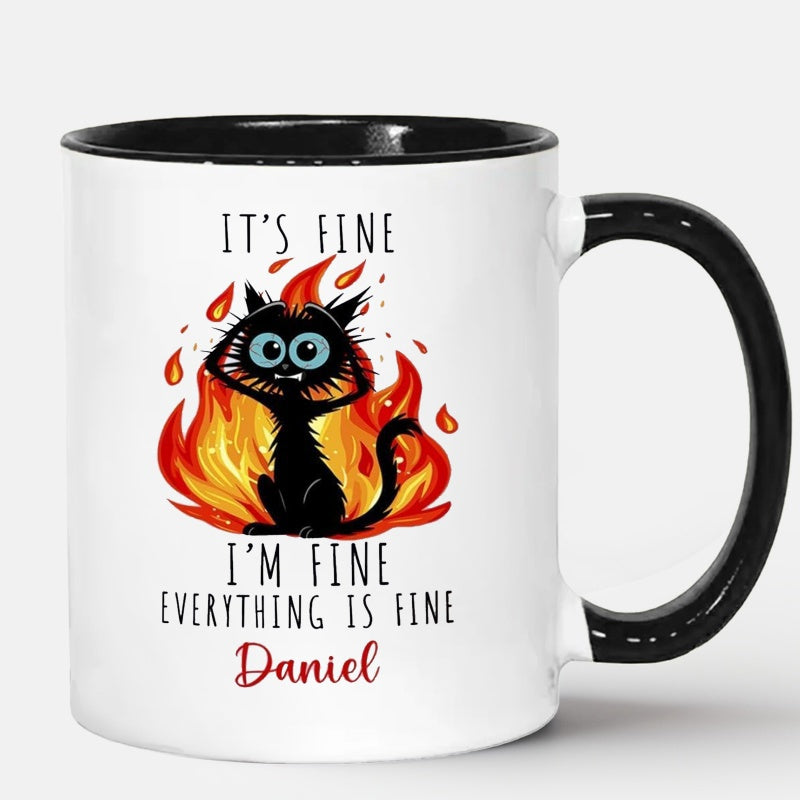 Tailorly Black Accent 11 oz Mug - cat， personalized name， "im fine" text， humorous style