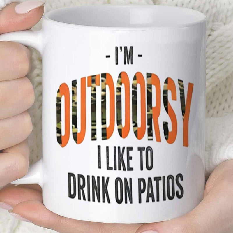 Tailorly White Ceramic 11 oz Mug - Im Outdoorsy I Like To Drink On Patios Textured Camouflage Print Mixed With Bold Orange Tones Featuring A Minimalist Mug