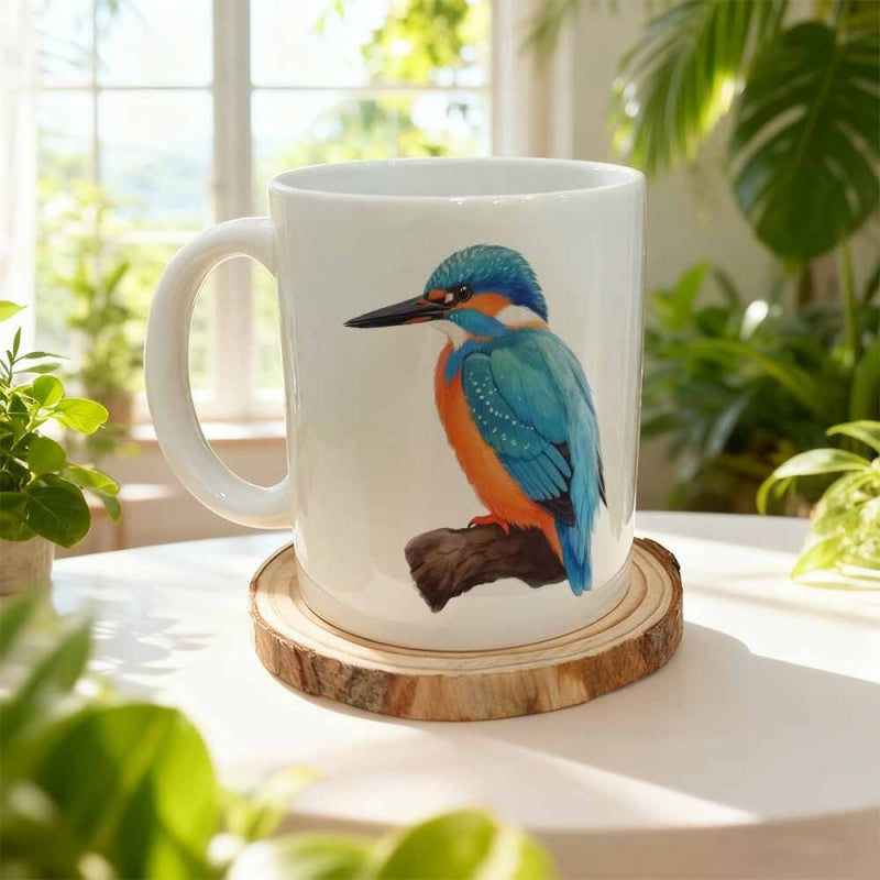 Tailorly White Ceramic 11 oz Mug - Vibrant Blue And Orange Bird Resting Peacefully On A Branch Kingfisher