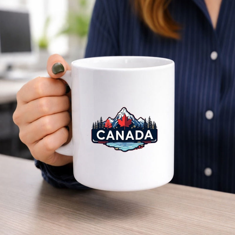 Tailorly White Ceramic 11 oz Mug - Canada Snow Capped Peaks Nestled Within Pine Forest Above Serene Blue Lake Mountain
