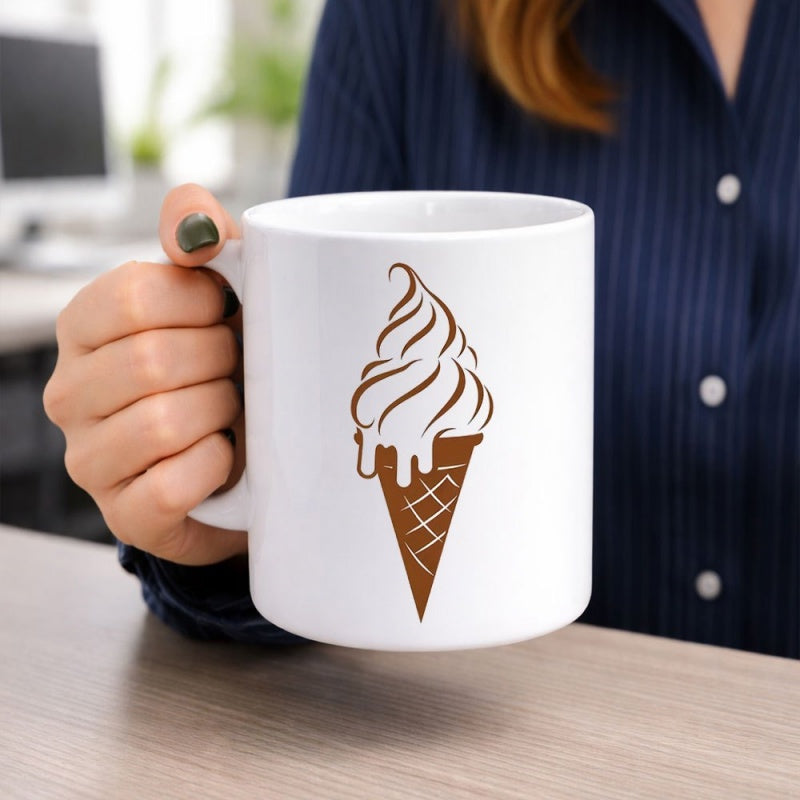 Tailorly White Ceramic 11 oz Mug - Melting Soft Serve Swirl On A Crispy Textured Waffle Cone Ice Cream