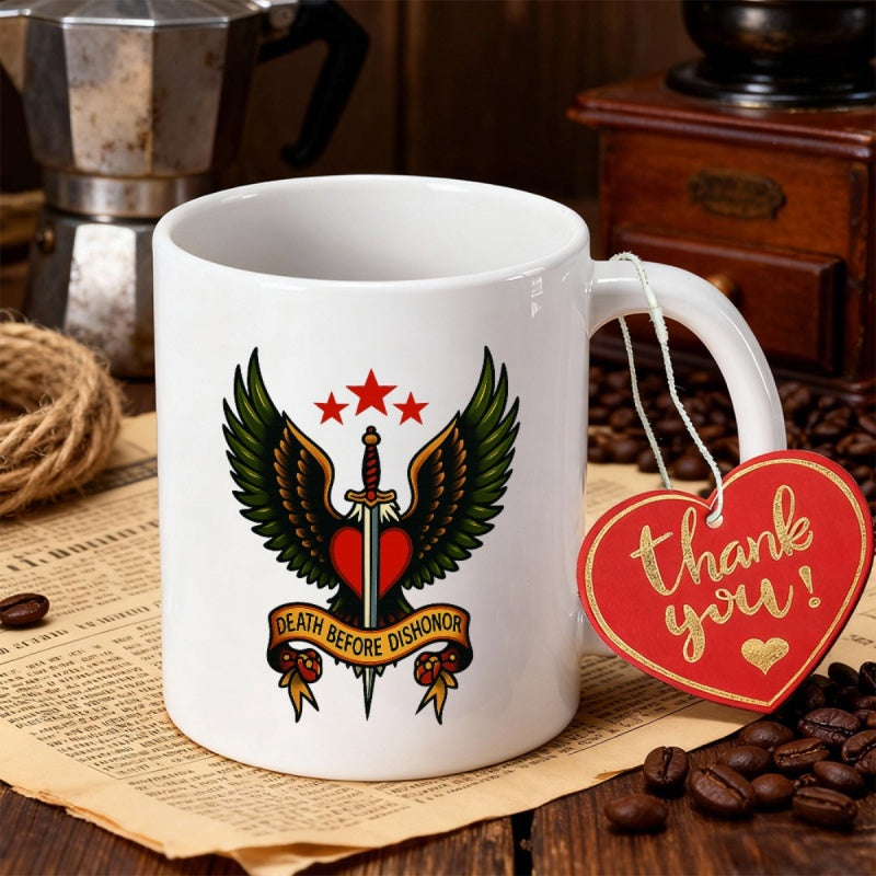 Tailorly White Ceramic 11 oz Mug - Death Before Dishonor Spread Eagle Wings Piercing A Crimson Heart Under Red Stars Dagger