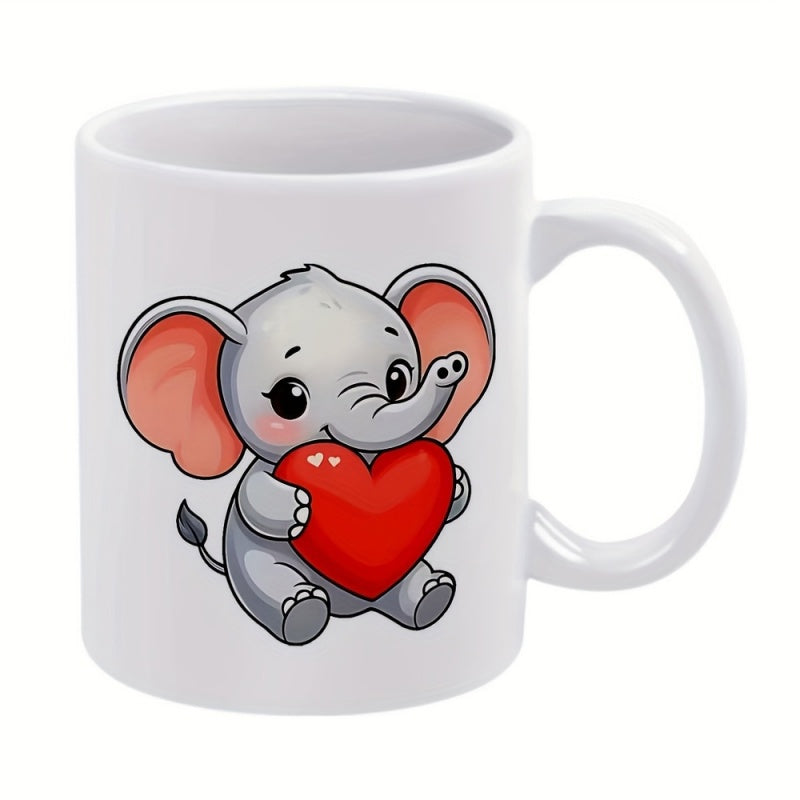 Tailorly White Ceramic 11 oz Mug - Adorable Grey Baby Elephant Holding A Large Red Heart Elephant
