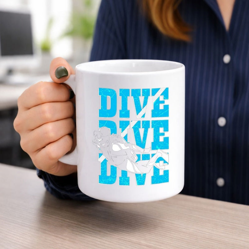 Tailorly White Ceramic 11 oz Mug - Dive Dive Dive Silhouette Of A Scuba Diver Swimming Over Repeating Textured Blue Lettering Diver