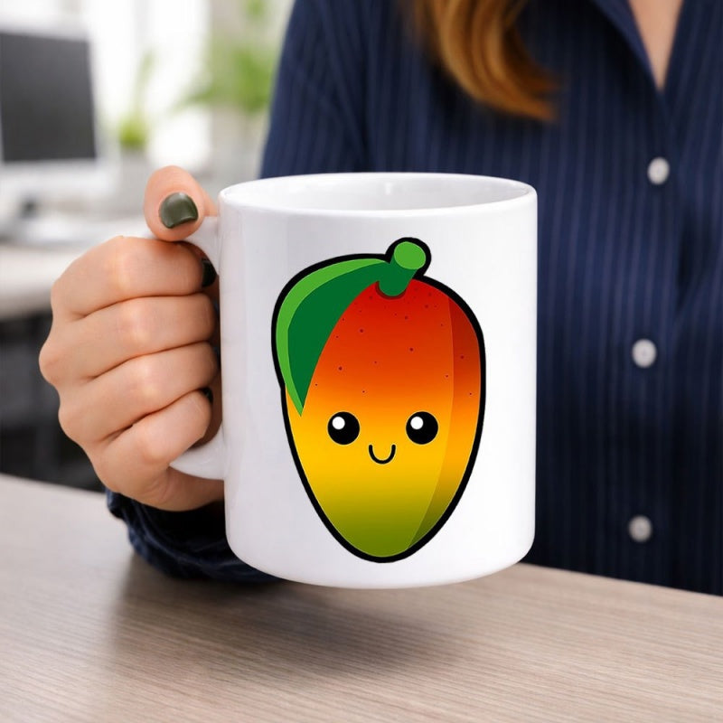 Tailorly White Ceramic 11 oz Mug - Vibrant Tropical Fruit With Smiling Kawaii Face And Green Leaf Detail Mango