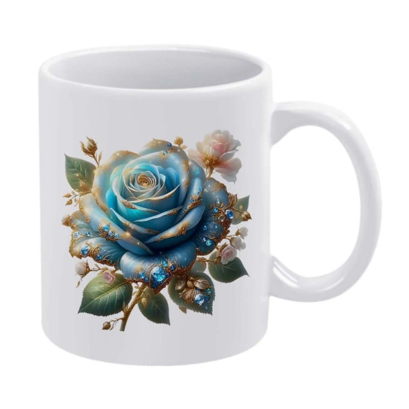 Tailorly White Ceramic 11 oz Mug - Elegant Shimmering Blue Petals With Golden Accents And Glistening Dew Rose